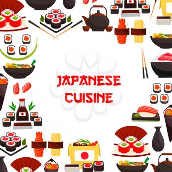 Japanese seafood and sushi cuisine poster or menu cover template. Vector design of sushi rolls with shrimp, fish tempura roll and caviar, sashimi and steamed rice and soy sauce for sea food oriental r