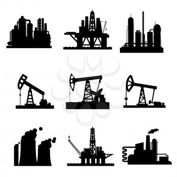 Oil derricks and gas extraction pump mining stations icons set. Vector isolated symbols of oil drilling sea platform, pipeline refinery and industrial fuel plant or factory with smoke of blast furnace
