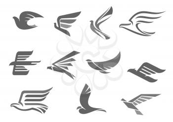 Bird with spread wings or birds flying vector icons set. Isolated symbols of dove, hawk or eagle bird in flight for company or brand corporate and business identity premium template