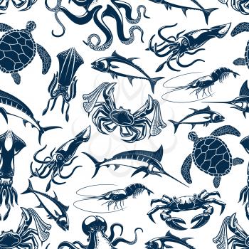 Fish catch seamless pattern. Vector sea or ocean fishing marlin or tuna, lobster crab and turtle. Fisher catch of octopus, squid cuttlefish, salmon or trout and prawn shrimp for sea food design