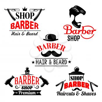 Barber shop and men hair studio premium icons set. Vector isolated symbols of man beards and mustaches haircuts. Barber tools shaving razor or hairbrush comb and scissors for hairdresser hipster coiff