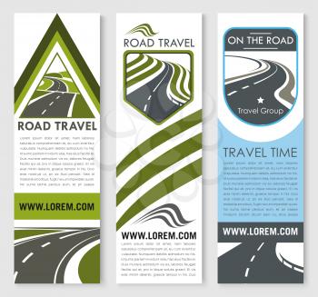 Car travel company vector banners wet for road trip tourist agency or travel group. Template design of highways or motorway lanes with marking and stars or transportation routes for journey service