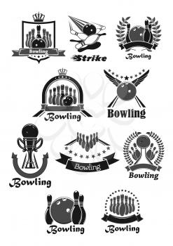 Bowling club icons or vector game contest awards badges. Isolated symbols of bowling ball with wings, strike skittle pins. Championship winner trophy laurel wreath or ribbon with stars and champion pr