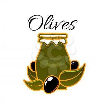 Olive oil jar or bottle with black olives branch. Vector olive preserves symbol for extra virgin natural organic oil product of Italian and Greek cuisine or for product label design