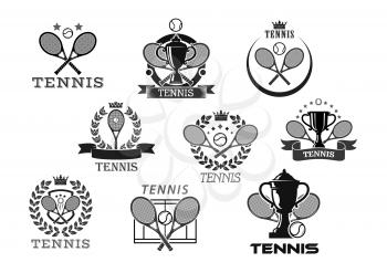 Tennis club vector icons set or tournament awards badges. Isolated symbols of tennis ball and crossed rackets, victory cup and champion winner laurel wreath or ribbon with crown and stars for sport ch