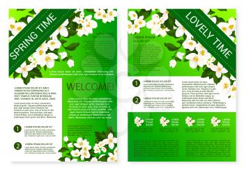 Spring floral brochure template. Blooming white flowers of jasmine, green leafy branches and text layouts for client welcome guide or spring season holidays themes design