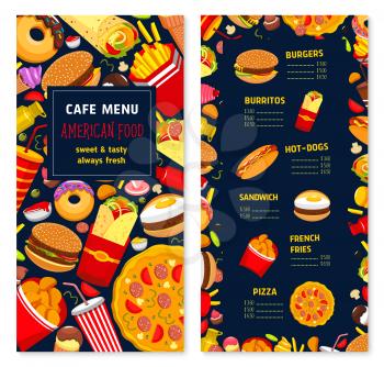 Fast food restaurant menu with prices. Vector design of hamburgers, sandwiches, drinks and desserts for cover template. Fastfood pizza, ice cream and donut, chicken nuggets and cheeseburger burger