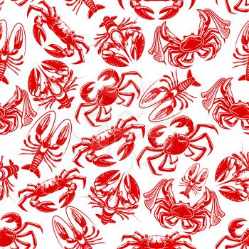 Seafood fishing seamless pattern. Vector fisherman catch of ocean lobster or crab and sea crayfish or shellfish prawn with fisher tackle of net. Design for seafood restaurant or fish cuisine