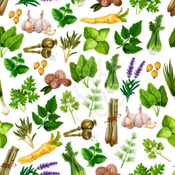 Spices and herbs seamless vector pattern of lemongrass and poppy seeds, nutmeg, bay leaf and dill or peppermint and anise, parsley seasoning and tarragon flavoring, rosemary and sage with vanilla and 