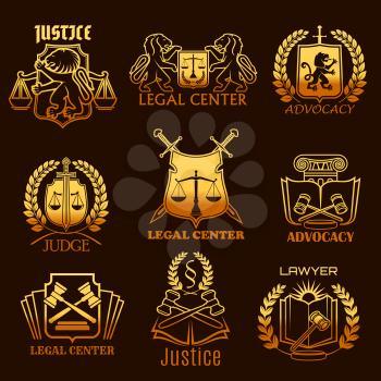 Advocacy and lawyer legal center vector gold icons. Isolated symbols set of justice scales, heraldic lion or swords and judge gavel, laurel wreath and law code book for advocate and counsel attorney o