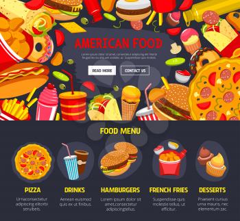 Fast food restaurant web site template or vector landing page design. Fastfood menu of burgers and hot dogs, pizza and cheeseburger sandwich or soda drinks, french fries or chicken snacks and ice crea