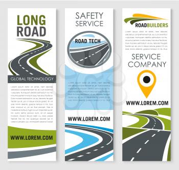 Road safety construction and highways building and investment company vector banners set. Design of bridges and tunnels of motorways for travel or transport navigation development service