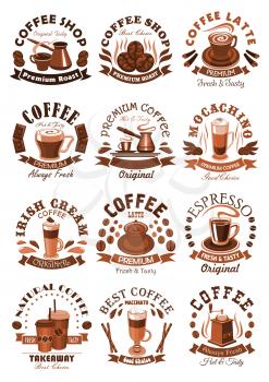 Coffeeshop vector icons set of coffee cups and roasted coffee beans. Isolated symbols of hot espresso or americano mug with steam, coffee maker and latte or frappe for premium cafe or cafeteria label 