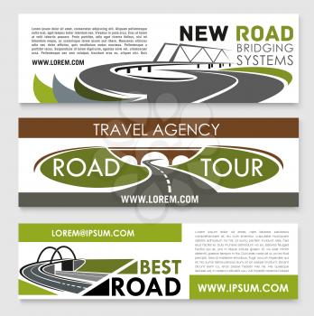 Road travel and construction banners set for highways investment, bridge building and tunneling company. Vector design of road path and transportation lanes for transport development service