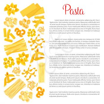 Pasta or macaroni vector poster of spaghetti variety for Italian cuisine restaurant. Farfalle and lasagna varieties, kanelone or tagliatelle and bucatini, funghetto and konkiloni or filini cuadretti