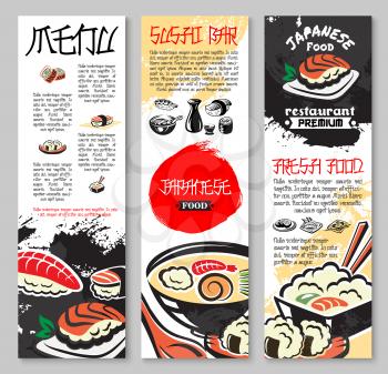 Sushi bar and Japanese seafood restaurant vector banners. Menu set of sushi rolls with shrimp, tempura prawn and rolls with fish caviar, steamed rice and noodles or miso soup for sea food cuisine