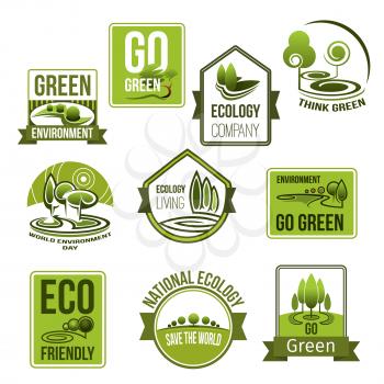 Go green vector icons set for ecology company or world environment day concept. Symbols of forest trees and garden parks and parkland or woodlands for global nature protection and earth recycling