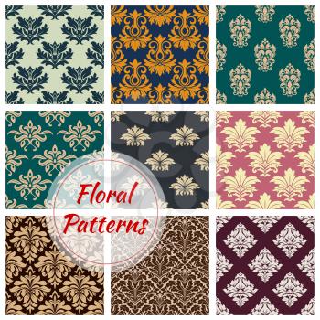 Floral ornaments pattern and seamless flowery decor tiles set. Vector flourish and ornate tracery patterns or adornments with ornamental vintage and antique rococo motif design for interior decor