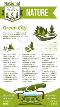 Green city and nature vector poster for eco gardening or urban horticulture and planting company. Design of green village and parkland or woodland trees and greenery squares and parks