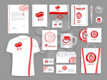 Blood donation center or medical organization vector promotion templates set of accessories and supplies for branding. Isolated office stationery, business card, t-shirt and envelope, mug and badges o