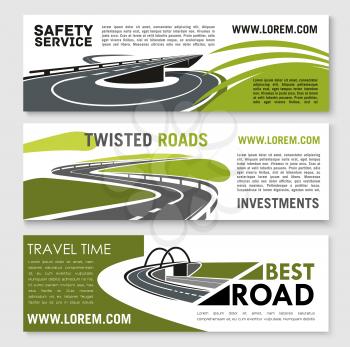 Road safety building or travel time vector banners set for construction or tourist company or investment corporation. Design of highway bridges, tunnels and transport drive lanes