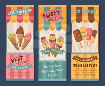 Ice cream vector banners set for dessert cafe or gelateria. Design of tasty fruit ice, mint and strawberry soft ice in scoops, frozen juice and sundae in wafer cone or coffee sorbet with chocolate waf