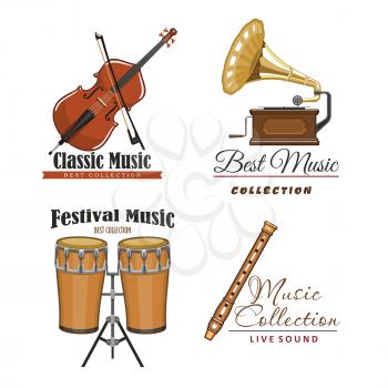Live music festival vector icons set for musical sound fest or concert labels. Isolated symbols of classic musical instruments fiddle violin or contrabass, flute or pipe, drums and gramophone