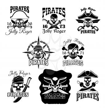Pirate skull with crossbones icon set. Jolly Roger pirate flag symbol of skeleton wearing hat, eyepatch, bandana and earring with crossed sword and knife, compass wind rose and chain on background