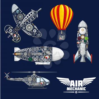 Air mechanics vector poster of aircrafts and mechanisms. Construction parts, engines or gears, gauges, and screw nuts elements of airplane, hot air balloon, helicopter, spaceship rocket or airship zep