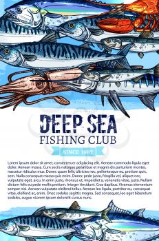 Fishing club vector poster of seafood and fisherman big fish catch. Fisher trip tackles and salmon, herring or trout and squid or octopus, bream, tuna or pike and sheatfish, flounder, marlin and lobst