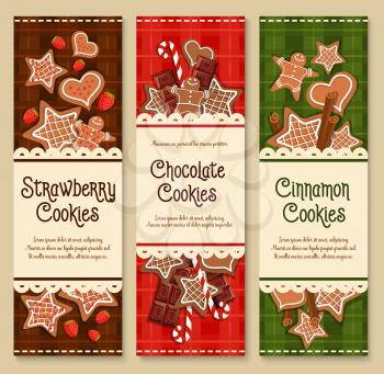 Cookies banners for bakery shop or patisserie cafe. Vector gingerbread biscuit stars and candy canes with bitter and milk chocolates. Design for pastry desserts and homemade ginger bread cakes