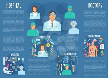 Medical personnel and hospital doctors of oncology, traumatology, endocrinology and infectology healthcare. Vector poster of health medicines and pills, human spine trauma x-ray, wheelchair and foot m