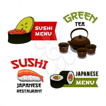 Sushi and rolls vector icons for Japanese seafood cuisine restaurant menu. Isolated symbols sushi and fish rolls with salmon, tempura prawn on steamed rice and green tea with cups and teapot