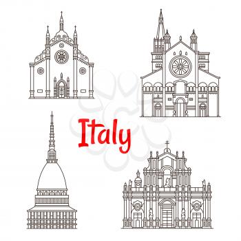 Italy landmark buildings and Italian famous architecture facades. Vector isolated icons of Mole Antonelliana in Turin, Frari Church in Venice, Santa Agatha Catania and Modena Cathedral