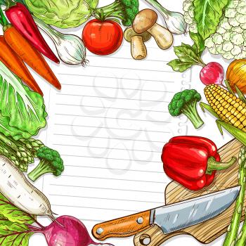 Recipe blank paper note with vegetables design for kitchen memo. Vector veggies frame of tomato, corn and mushrooms, radish or beet and pepper, broccoli or cauliflower with knife on cutting board