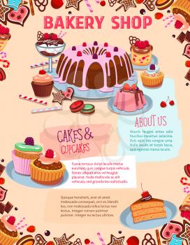 Bakery shop desserts and pastry cakes vector poster. Chocolate tiramisu pie and brownie torte and charlotte pudding, sweet candy cookies and biscuits with wafer tarts, cupcakes or muffins for patisser