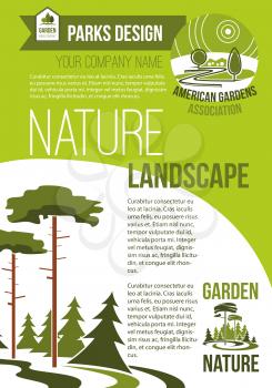 Green parks and nature landscape design company vector poster with design of eco village or woodland and parkland trees in forest. Urban horticulture and planting association template