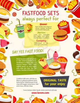 Fast food vector poster with meals and snacks. Hamburgers and cheeseburgers with french fries, ice cream and cupcakes desserts, hot dog sandwiches and chicken nuggets basket. Lunch menu of fastfood re