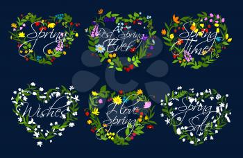 Spring quotes on hearts of flowers wreath. Vector icons set for springtime holiday greetings. Blooming flowers of lily, tulips or spring filed daisy blossoms and berries, flourish daffodils, crocuses 