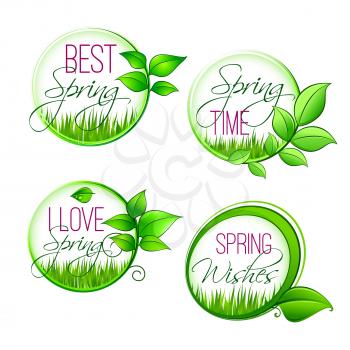 Welcome Spring quotes design on isolated springtime green icons. Floral blooming bunches with leaves and grass field or lawn for spring holidays seasonal wishes and greeting card design