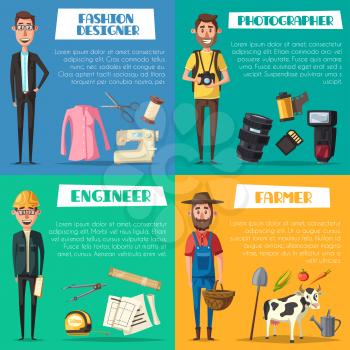 Professions and work tools of engineer, farmer, fashion designer and photographer man. Vector ruler and measure tape, camera flash and film, dressmaker scissors and sewing thread, agriculture harvest 