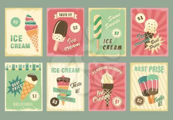 Ice cream desserts price cards set. Vector set of sweet fresh frozen ice sorts of fruit or mint and strawberry soft scoops in wafer cone, sundae or coffee sorbet with chocolate waffle for gelateria ca