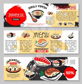 Japanese seafood restaurant or sushi bar menu banners set. Vector design of fish sushi and rolls, noodles with tofu and seaweed, oriental spicy miso soup, steamed rice with salmon or tuna and chopstic