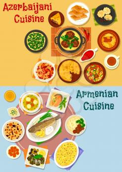 Armenian and azerbaijani cuisine icon set of rice pilaf with fruit, vegetable lamb stew, baked fish and chicken, dolma, potato with meatball, fish pie, omelette, nut and honey baklava, meatball soup