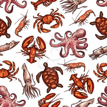 Seafood seamless pattern with sea animals. Crab, shrimp, octopus, lobster, sea turtle and squid for seafood restaurant menu background, mediterranean cuisine themes design