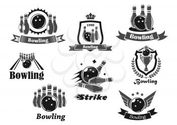 Bowling game sport club icon set. Bowling ball and ninepins on lane, strike and champion trophy cup symbol with heraldic shield and wreath, adorned by ribbon banner, star, wing and crown