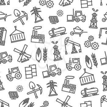 Industry seamless pattern of vector heavy or light and food or oil industrial symbols of machinery and agriculture farming, building, construction building and transportation