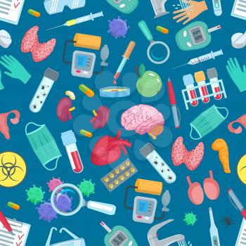 Medical seamless pattern of medicine treatments and human organs. Vector healthcare items of syringe, stethoscope and surgery scalpel. Pills and viruses test of heart, bladder or testicles and kidneys