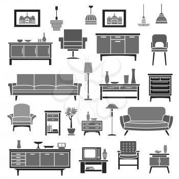 Furniture pieces of. Isolated icons of sofa and armchair, chest or wardrobe and table. Vector set of chair, floor lamp or flower vase and wall clock, picture or photo frame on tv stand or bookshelf an