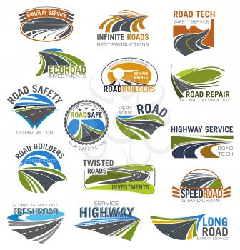 Road, highway and freeway isolated symbol set. Winding mountain road, crossroad, coastal highway and speedy freeway symbol for road building company, transportation services and traffic safety design